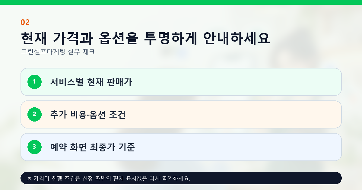 현재 가격과 옵션을 투명하게 안내하세요 서비스별 현재 판매가 추가 비용·옵션 조건 예약 화면 최종가 기준