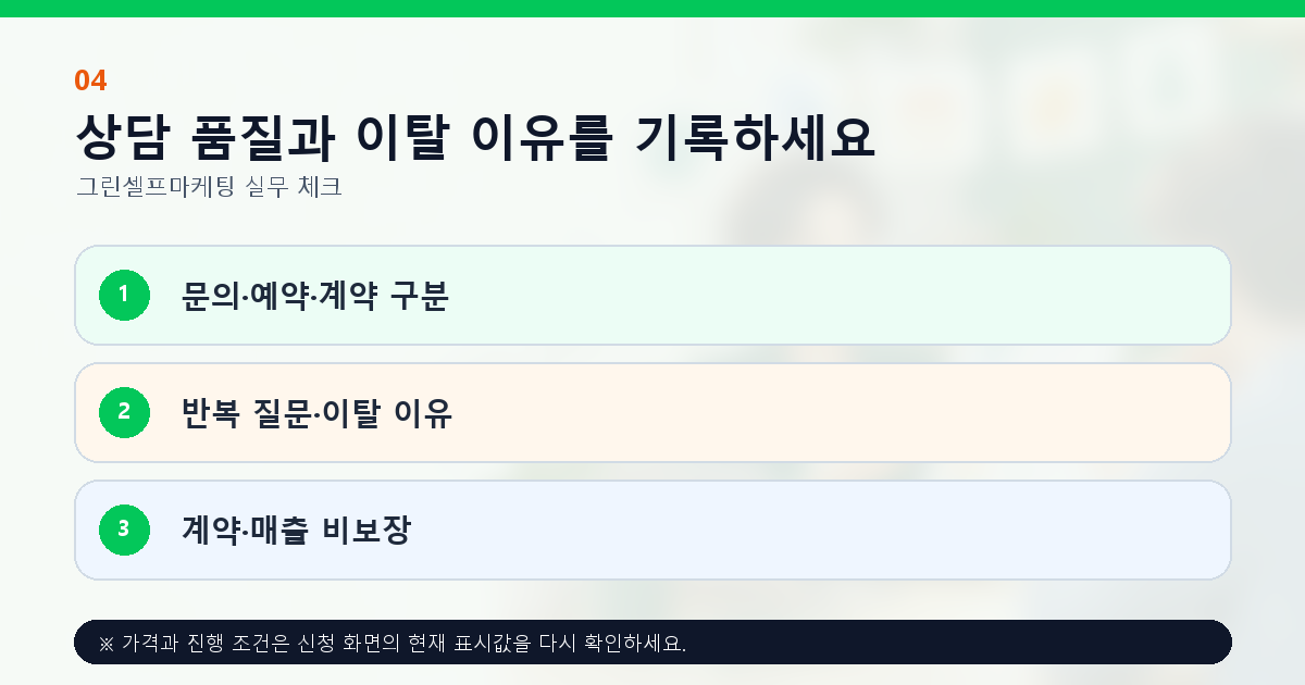 상담 품질과 이탈 이유를 기록하세요 문의·예약·계약 구분 반복 질문·이탈 이유 계약·매출 비보장