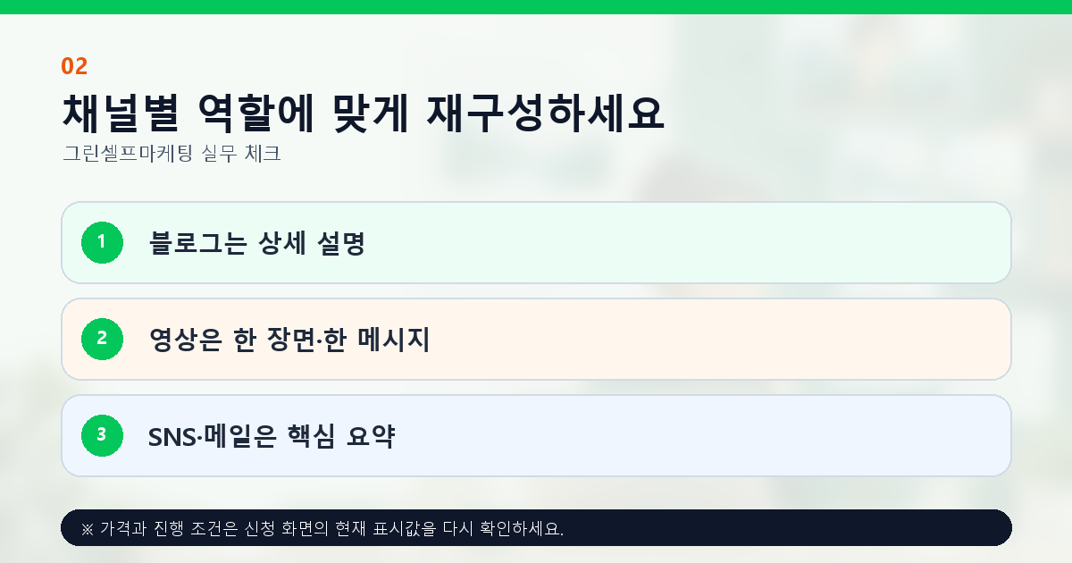 채널별 역할에 맞게 재구성하세요 블로그는 상세 설명 영상은 한 장면·한 메시지 SNS·메일은 핵심 요약