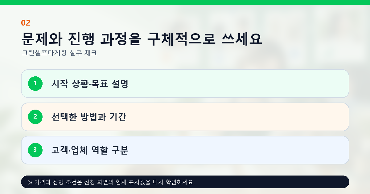문제와 진행 과정을 구체적으로 쓰세요 시작 상황·목표 설명 선택한 방법과 기간 고객·업체 역할 구분
