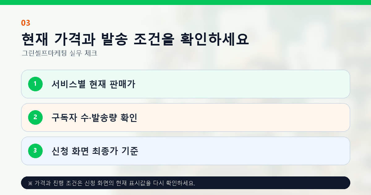 현재 가격과 발송 조건을 확인하세요 서비스별 현재 판매가 구독자 수·발송량 확인 신청 화면 최종가 기준