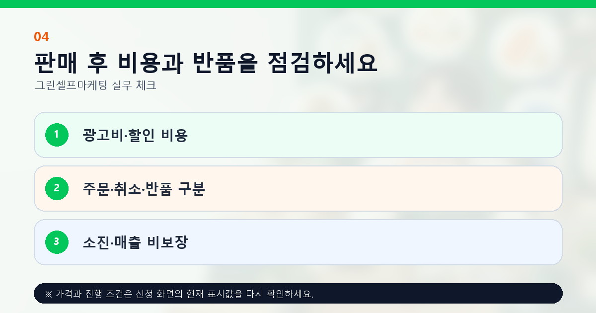 판매 후 비용과 반품을 점검하세요 광고비·할인 비용 주문·취소·반품 구분 소진·매출 비보장