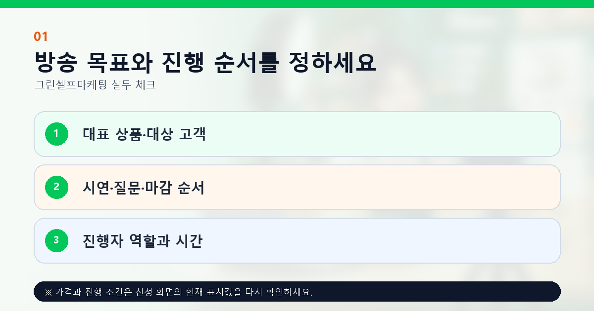 방송 목표와 진행 순서를 정하세요 대표 상품·대상 고객 시연·질문·마감 순서 진행자 역할과 시간