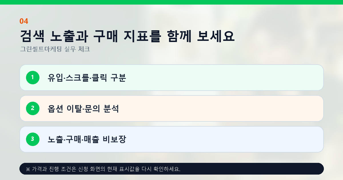 검색 노출과 구매 지표를 함께 보세요 유입·스크롤·클릭 구분 옵션 이탈·문의 분석 노출·구매·매출 비보장