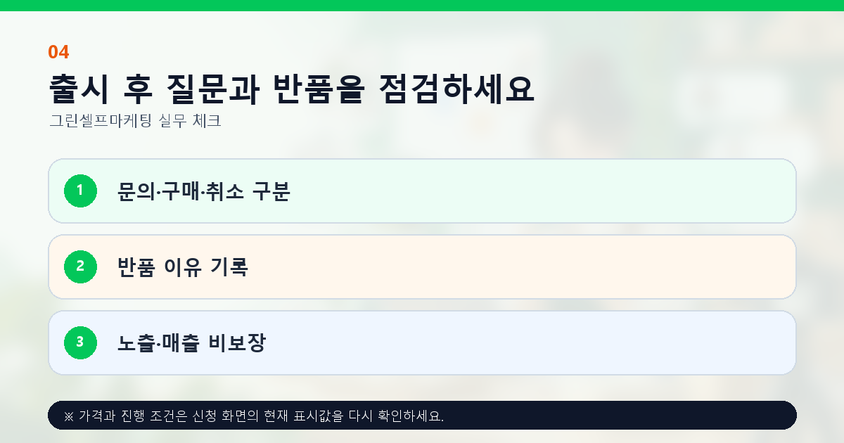 출시 후 질문과 반품을 점검하세요 문의·구매·취소 구분 반품 이유 기록 노출·매출 비보장