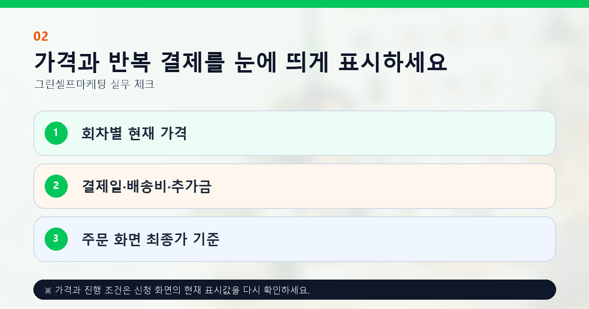 가격과 반복 결제를 눈에 띄게 표시하세요 회차별 현재 가격 결제일·배송비·추가금 주문 화면 최종가 기준