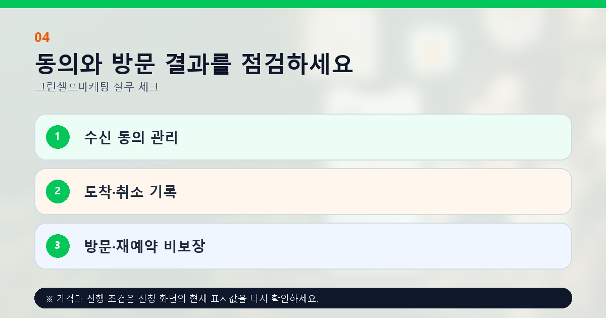 동의와 방문 결과를 점검하세요 수신 동의 관리 도착·취소 기록 방문·재예약 비보장