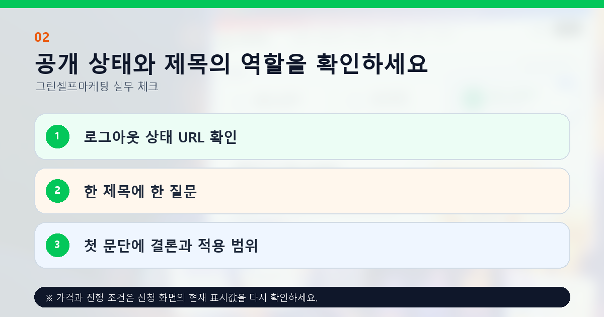 공개 상태와 제목의 역할을 확인하세요. 로그아웃 상태 URL 확인, 한 제목에 한 질문, 첫 문단에 결론과 적용 범위