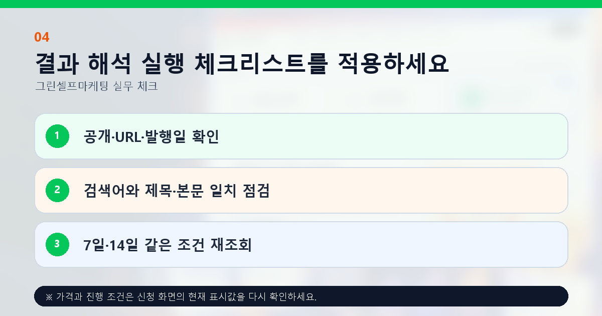 결과 해석 실행 체크리스트를 적용하세요. 공개·URL·발행일 확인, 검색어와 제목·본문 일치 점검, 7일·14일 같은 조건 재조회