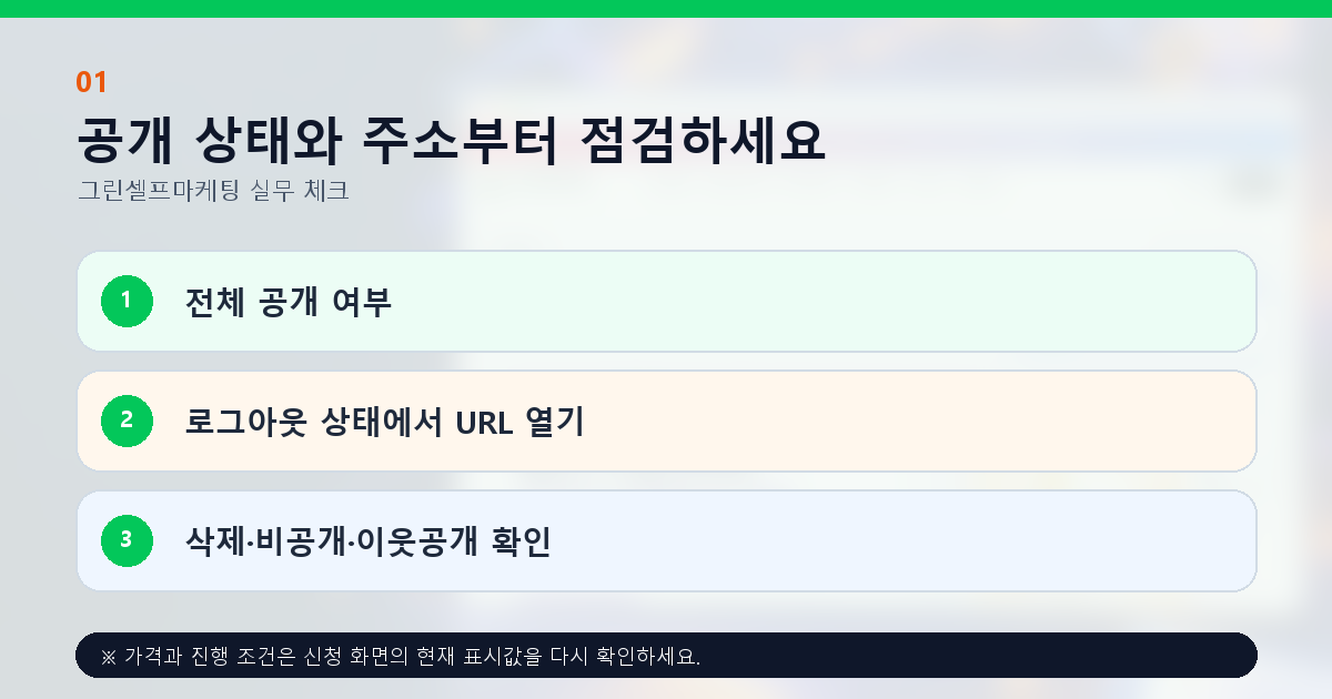 공개 상태와 주소부터 점검하세요. 전체 공개 여부, 로그아웃 상태에서 URL 열기, 삭제·비공개·이웃공개 확인