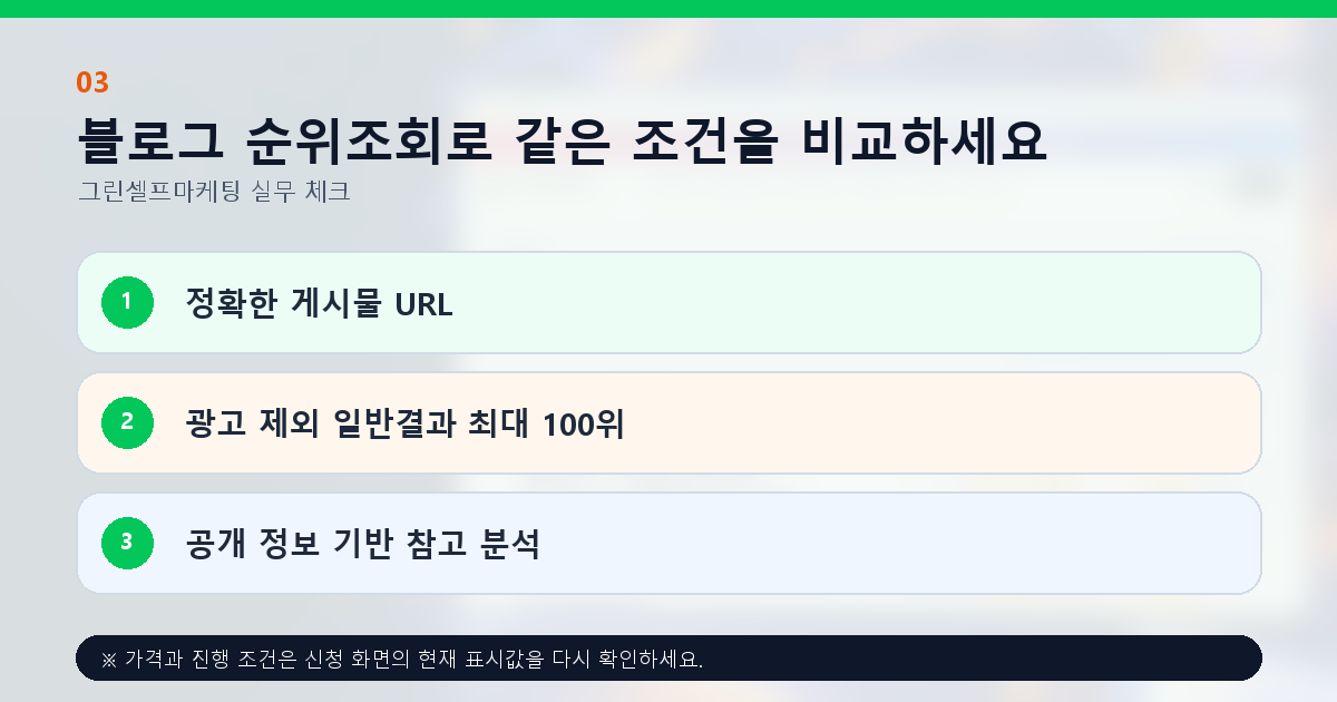 블로그 순위조회로 같은 조건을 비교하세요. 정확한 게시물 URL, 광고 제외 일반결과 최대 100위, 공개 정보 기반 참고 분석
