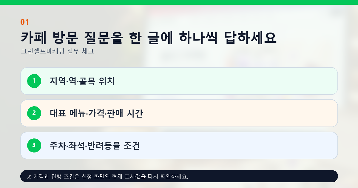 카페 방문 질문을 한 글에 하나씩 답하세요. 지역·역·골목 위치, 대표 메뉴·가격·판매 시간, 주차·좌석·반려동물 조건