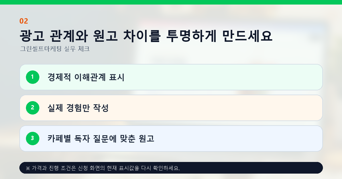 광고 관계와 원고 차이를 투명하게 만드세요. 경제적 이해관계 표시, 실제 경험만 작성, 카페별 독자 질문에 맞춘 원고