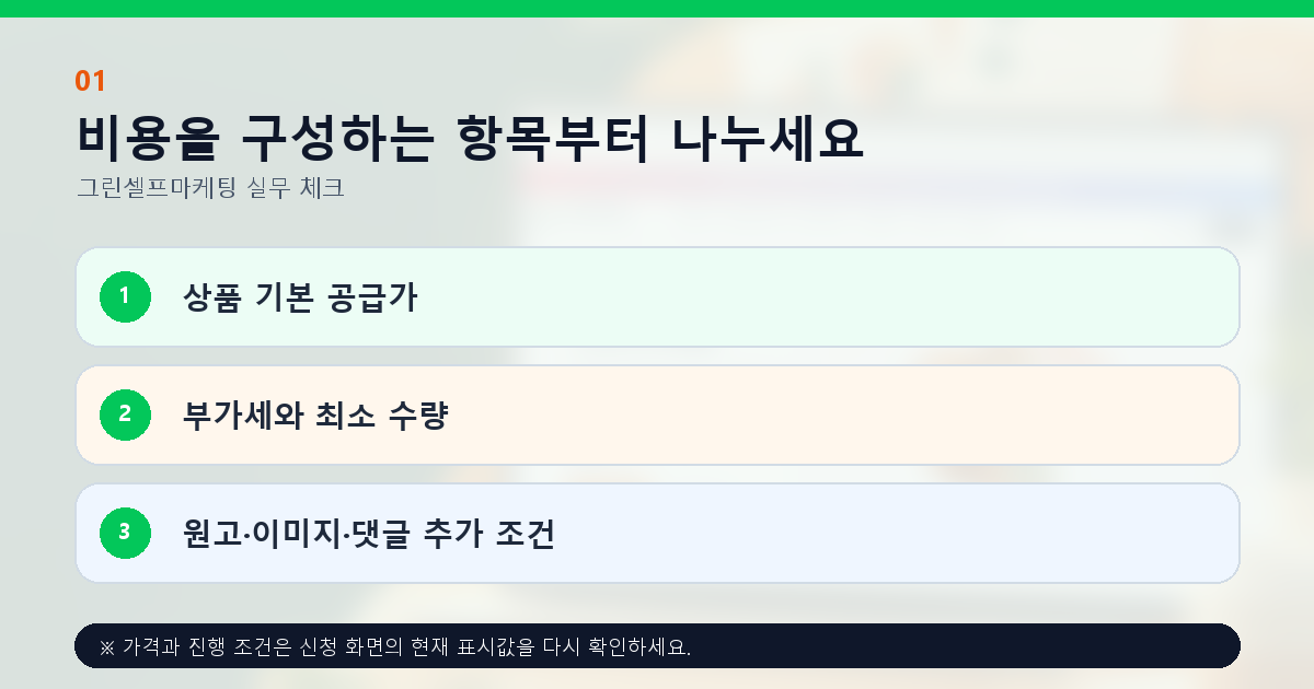 비용을 구성하는 항목부터 나누세요. 상품 기본 공급가, 부가세와 최소 수량, 원고·이미지·댓글 추가 조건