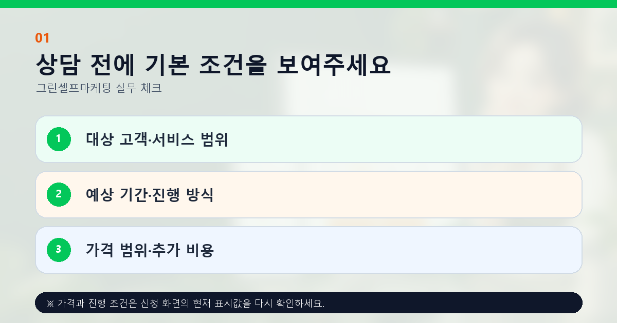상담 전에 기본 조건을 보여주세요 대상 고객·서비스 범위 예상 기간·진행 방식 가격 범위·추가 비용