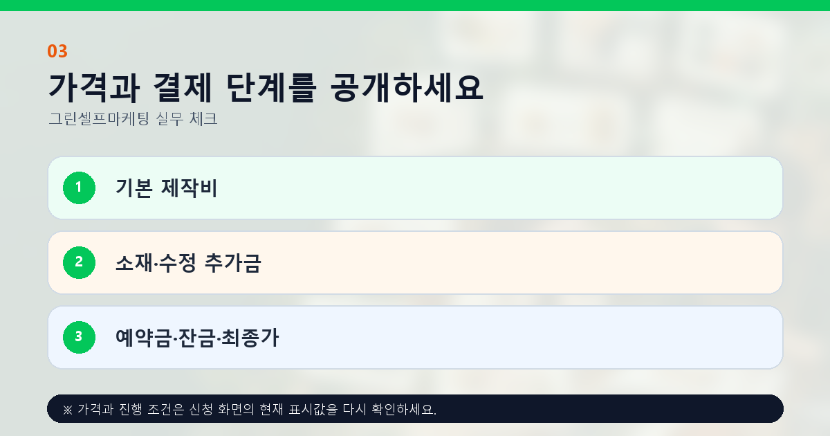 가격과 결제 단계를 공개하세요 기본 제작비 소재·수정 추가금 예약금·잔금·최종가