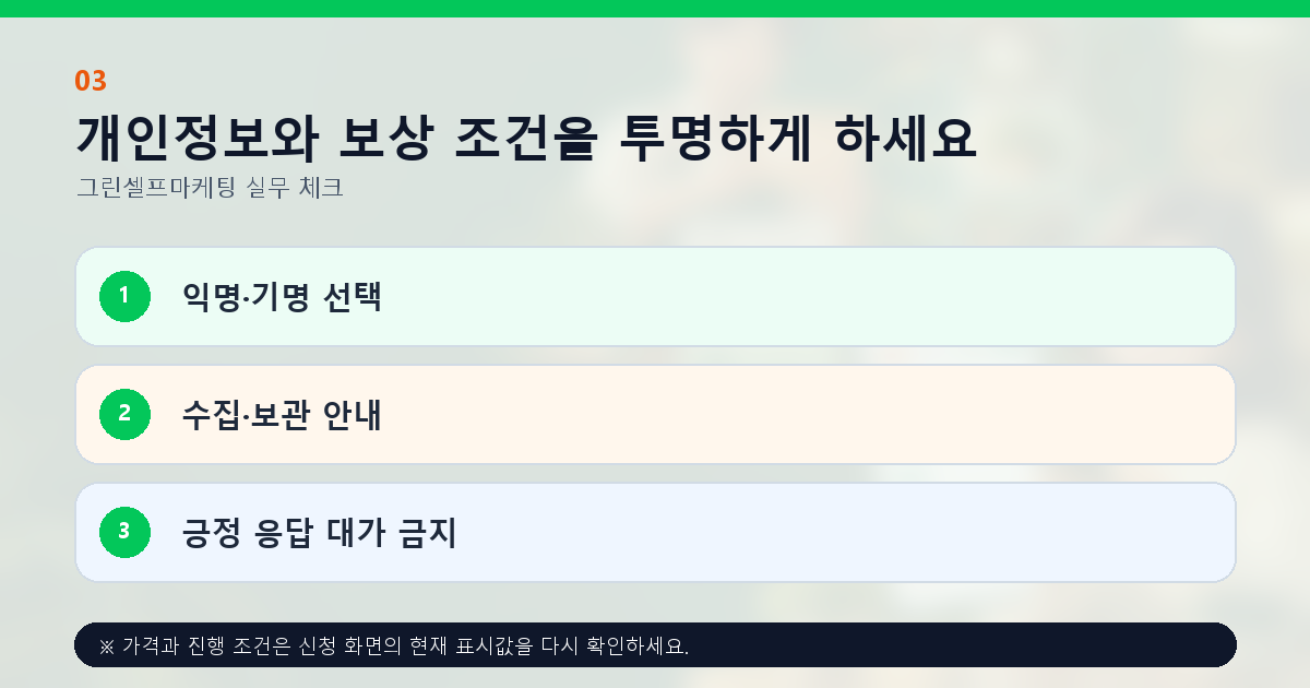 개인정보와 보상 조건을 투명하게 하세요 익명·기명 선택 수집·보관 안내 긍정 응답 대가 금지