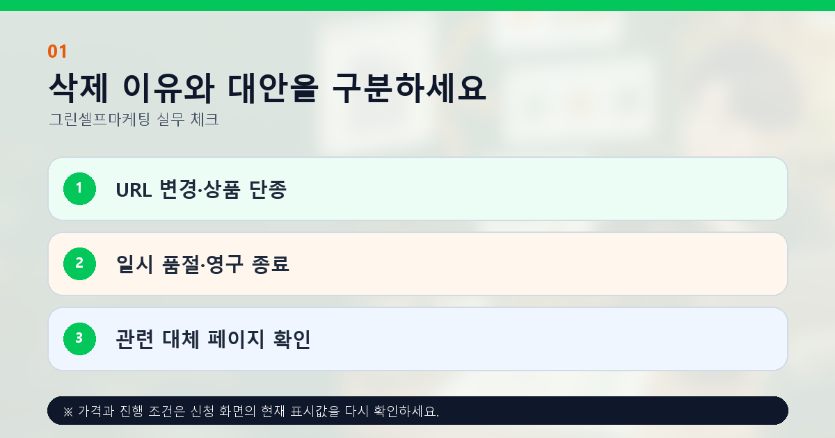 삭제 이유와 대안을 구분하세요 URL 변경·상품 단종 일시 품절·영구 종료 관련 대체 페이지 확인