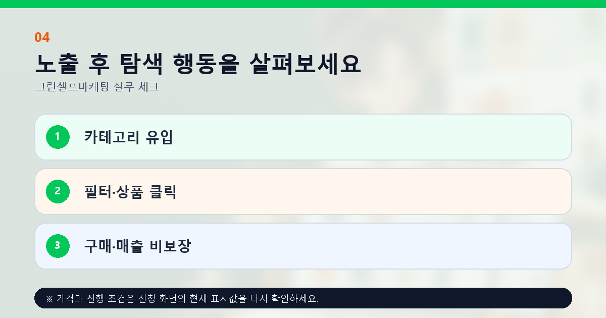 노출 후 탐색 행동을 살펴보세요 카테고리 유입 필터·상품 클릭 구매·매출 비보장