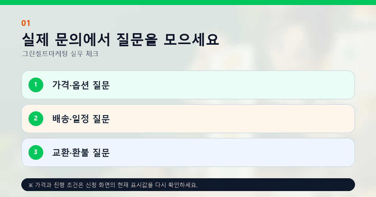 실제 문의에서 질문을 모으세요 가격·옵션 질문 배송·일정 질문 교환·환불 질문