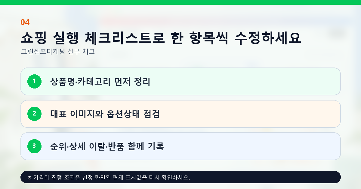 쇼핑 실행 체크리스트로 한 항목씩 수정하세요. 상품명·카테고리 먼저 정리, 대표 이미지와 옵션상태 점검, 순위·상세 이탈·반품 함께 기록