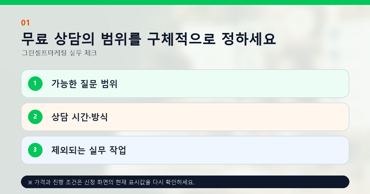 무료 상담의 범위를 구체적으로 정하세요 가능한 질문 범위 상담 시간·방식 제외되는 실무 작업