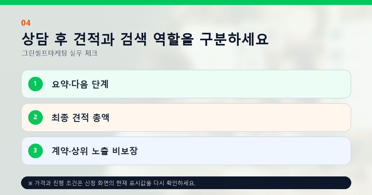 상담 후 견적과 검색 역할을 구분하세요 요약·다음 단계 최종 견적 총액 계약·상위 노출 비보장