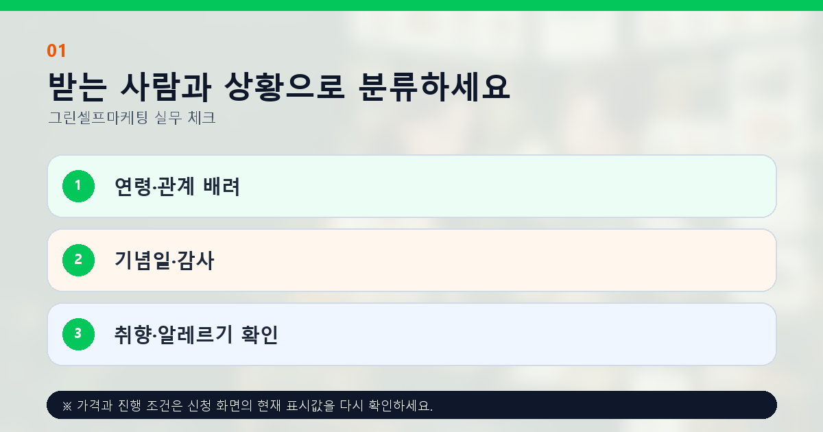 받는 사람과 상황으로 분류하세요 연령·관계 배려 기념일·감사 취향·알레르기 확인