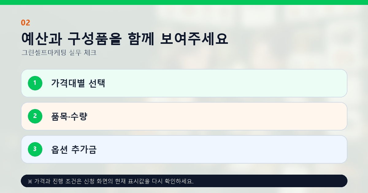 예산과 구성품을 함께 보여주세요 가격대별 선택 품목·수량 옵션 추가금