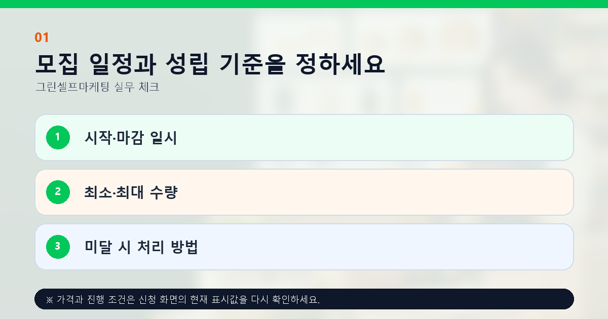 모집 일정과 성립 기준을 정하세요 시작·마감 일시 최소·최대 수량 미달 시 처리 방법