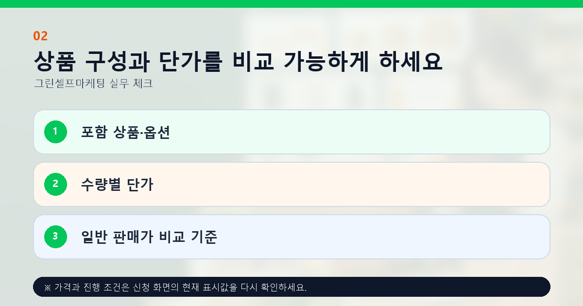 상품 구성과 단가를 비교 가능하게 하세요 포함 상품·옵션 수량별 단가 일반 판매가 비교 기준