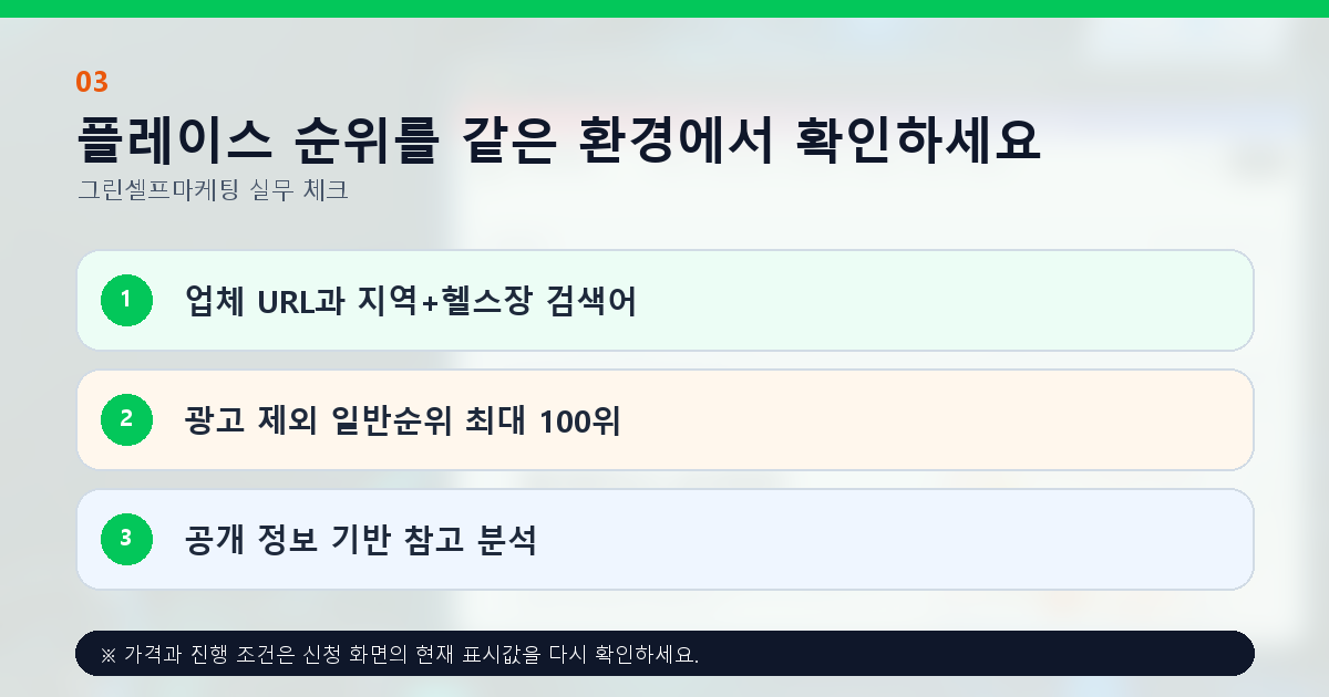 플레이스 순위를 같은 환경에서 확인하세요. 업체 URL과 지역+헬스장 검색어, 광고 제외 일반순위 최대 100위, 공개 정보 기반 참고 분석