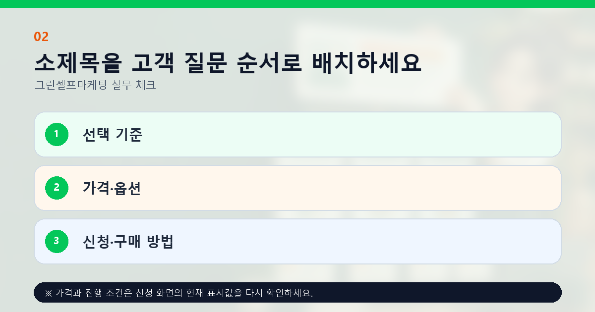소제목을 고객 질문 순서로 배치하세요 선택 기준 가격·옵션 신청·구매 방법