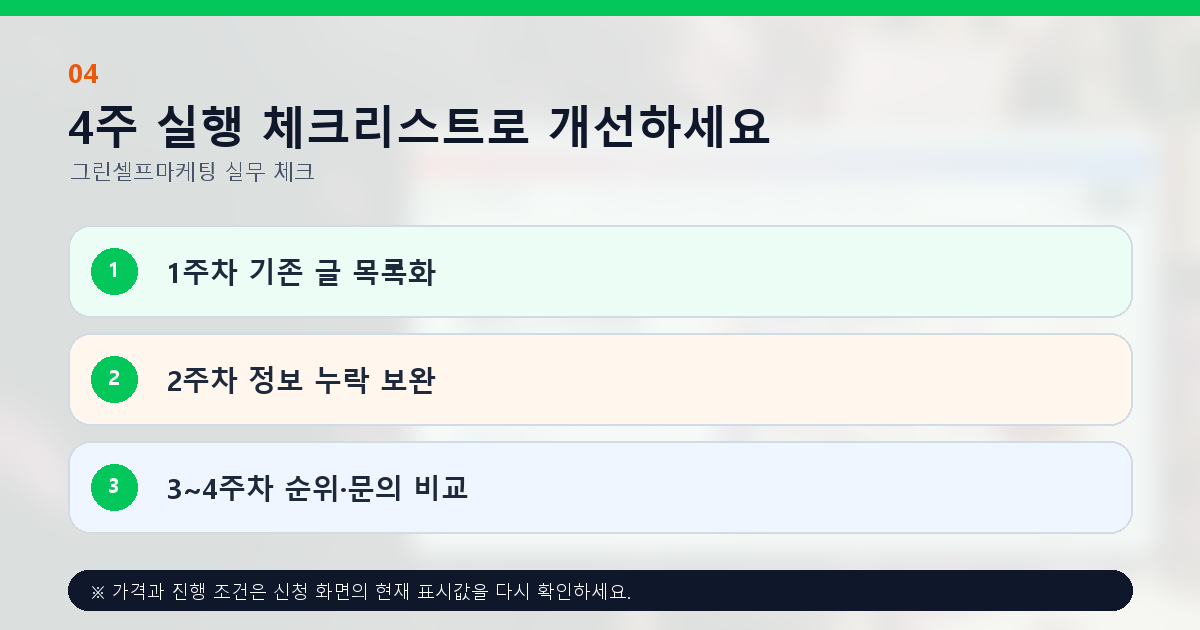 4주 실행 체크리스트로 개선하세요. 1주차 기존 글 목록화, 2주차 정보 누락 보완, 3~4주차 순위·문의 비교