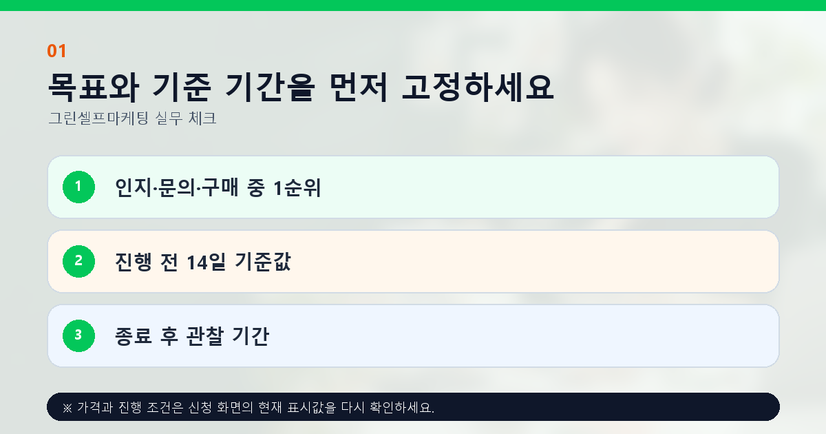 목표와 기준 기간을 먼저 고정하세요. 인지·문의·구매 중 1순위, 진행 전 14일 기준값, 종료 후 관찰 기간