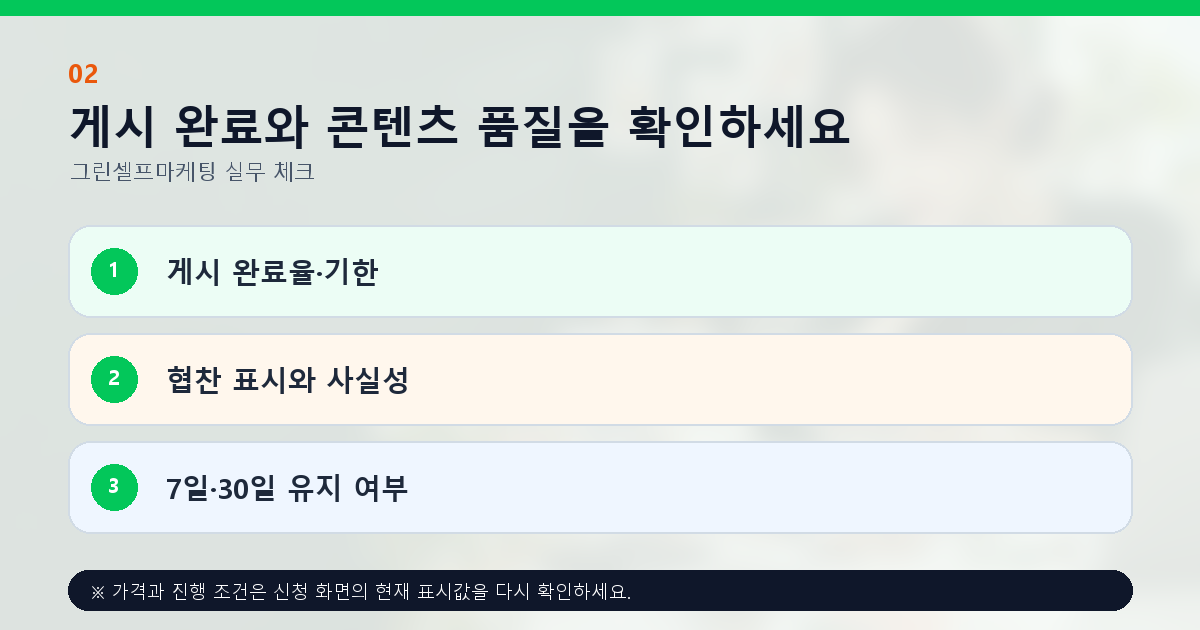 게시 완료와 콘텐츠 품질을 확인하세요. 게시 완료율·기한, 협찬 표시와 사실성, 7일·30일 유지 여부