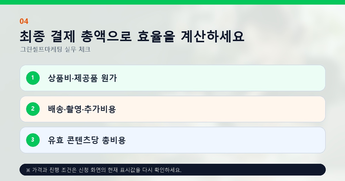 최종 결제 총액으로 효율을 계산하세요. 상품비·제공품 원가, 배송·촬영·추가비용, 유효 콘텐츠당 총비용
