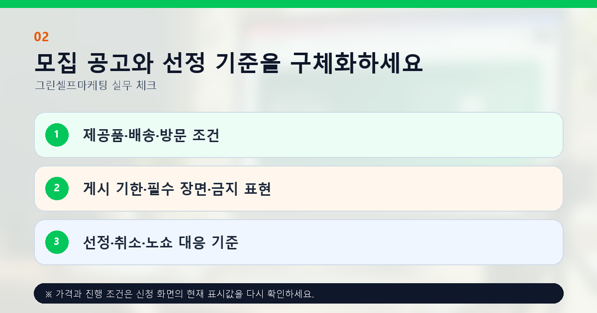 모집 공고와 선정 기준을 구체화하세요. 제공품·배송·방문 조건, 게시 기한·필수 장면·금지 표현, 선정·취소·노쇼 대응 기준
