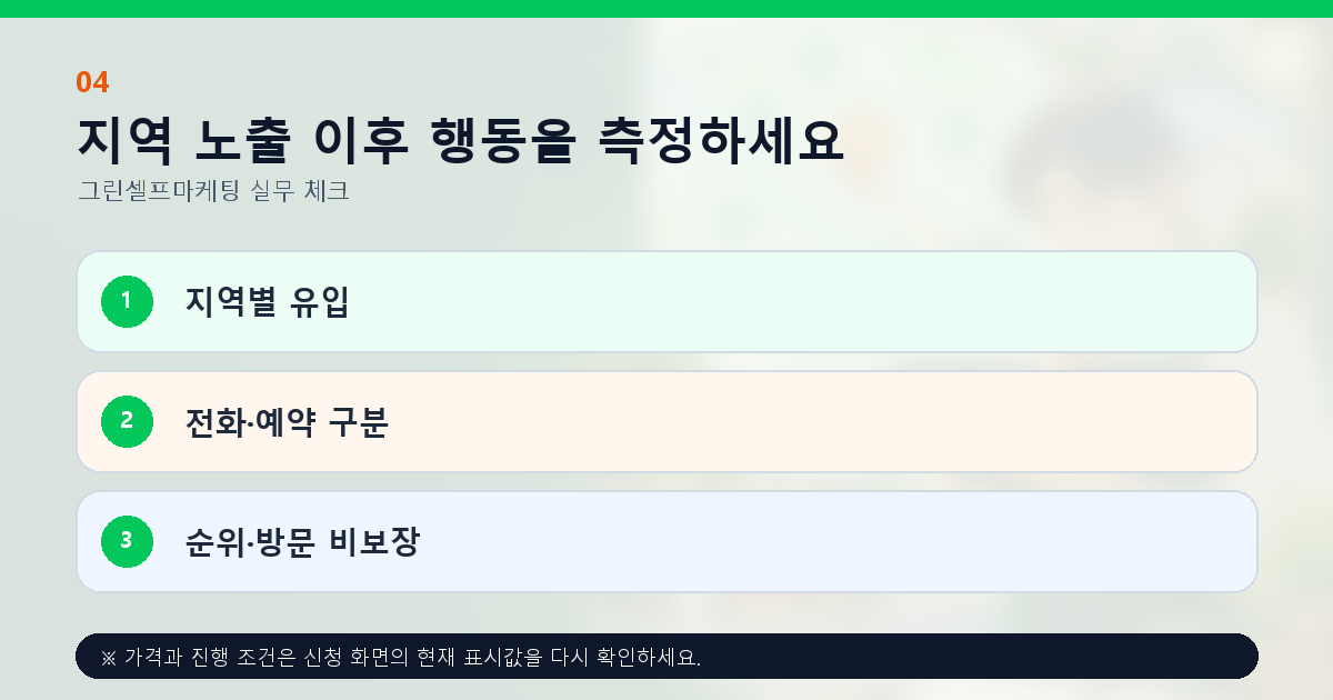 지역 노출 이후 행동을 측정하세요 지역별 유입 전화·예약 구분 순위·방문 비보장