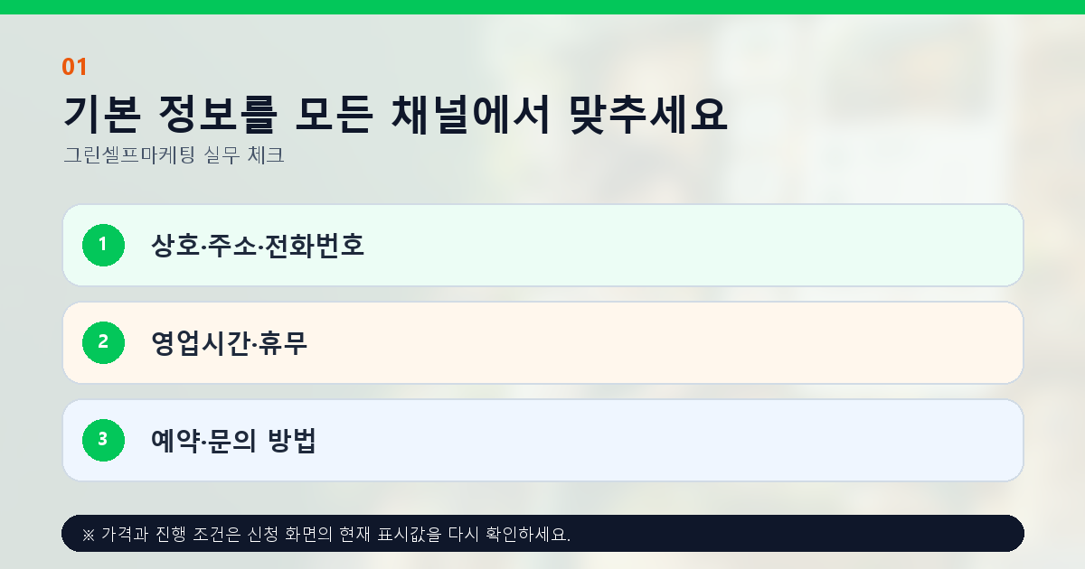 기본 정보를 모든 채널에서 맞추세요 상호·주소·전화번호 영업시간·휴무 예약·문의 방법