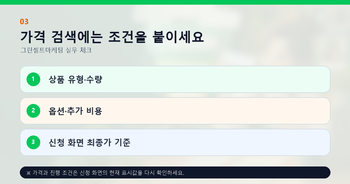 가격 검색에는 조건을 붙이세요 상품 유형·수량 옵션·추가 비용 신청 화면 최종가 기준