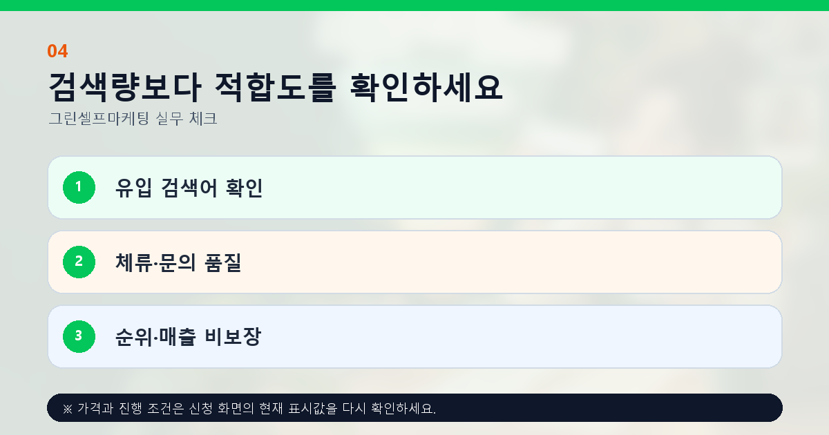 검색량보다 적합도를 확인하세요 유입 검색어 확인 체류·문의 품질 순위·매출 비보장