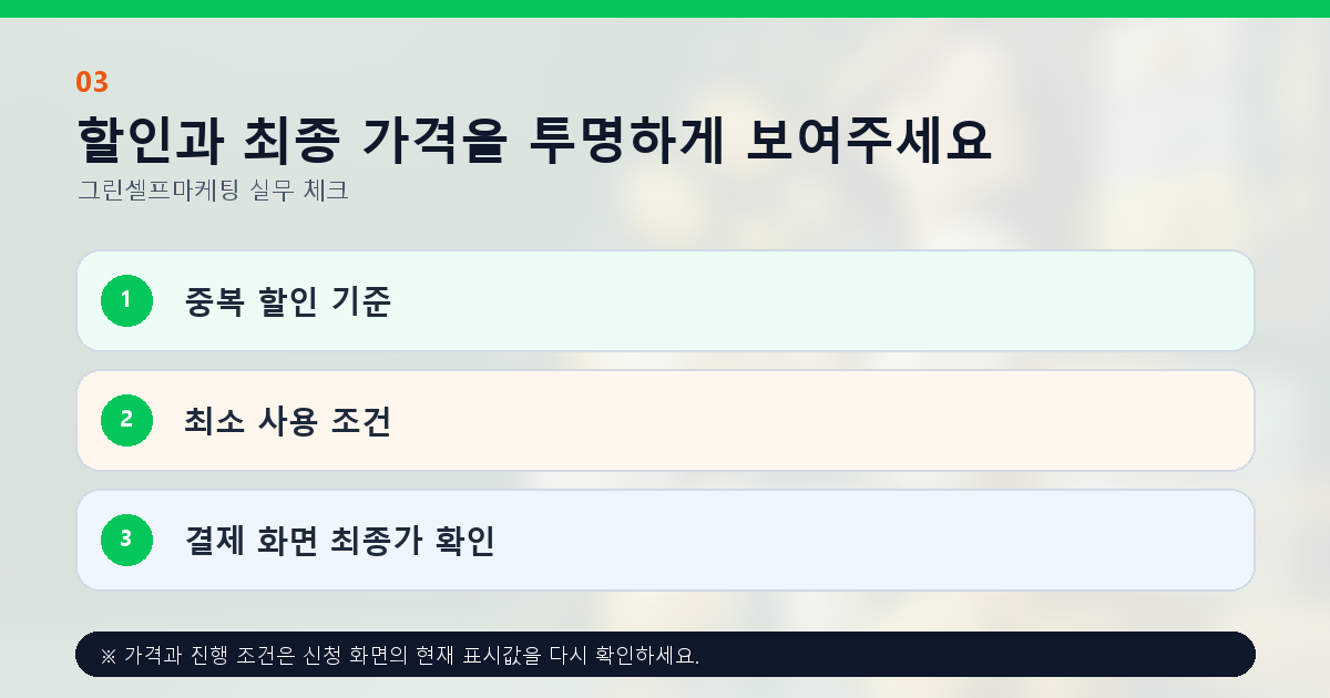 할인과 최종 가격을 투명하게 보여주세요 중복 할인 기준 최소 사용 조건 결제 화면 최종가 확인