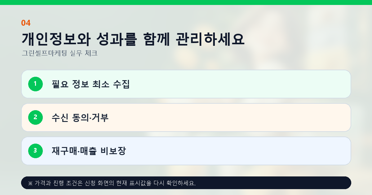 개인정보와 성과를 함께 관리하세요 필요 정보 최소 수집 수신 동의·거부 재구매·매출 비보장