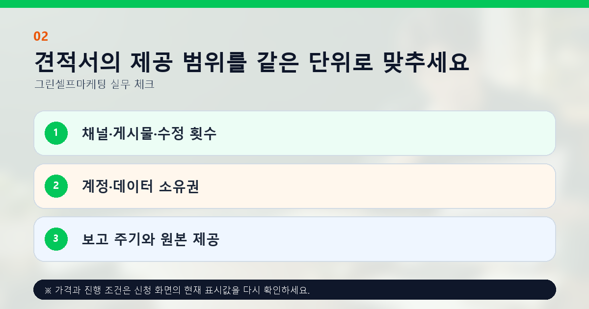 견적서의 제공 범위를 같은 단위로 맞추세요. 채널·게시물·수정 횟수, 계정·데이터 소유권, 보고 주기와 원본 제공