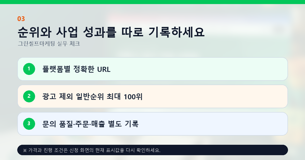 순위와 사업 성과를 따로 기록하세요. 플랫폼별 정확한 URL, 광고 제외 일반순위 최대 100위, 문의 품질·주문·매출 별도 기록