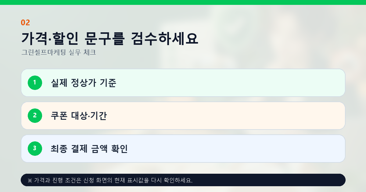 가격·할인 문구를 검수하세요 실제 정상가 기준 쿠폰 대상·기간 최종 결제 금액 확인