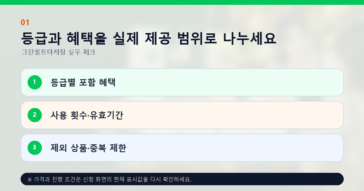 등급과 혜택을 실제 제공 범위로 나누세요 등급별 포함 혜택 사용 횟수·유효기간 제외 상품·중복 제한
