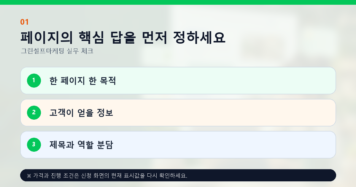 페이지의 핵심 답을 먼저 정하세요 한 페이지 한 목적 고객이 얻을 정보 제목과 역할 분담