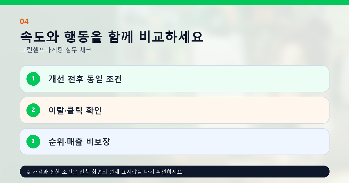 속도와 행동을 함께 비교하세요 개선 전후 동일 조건 이탈·클릭 확인 순위·매출 비보장